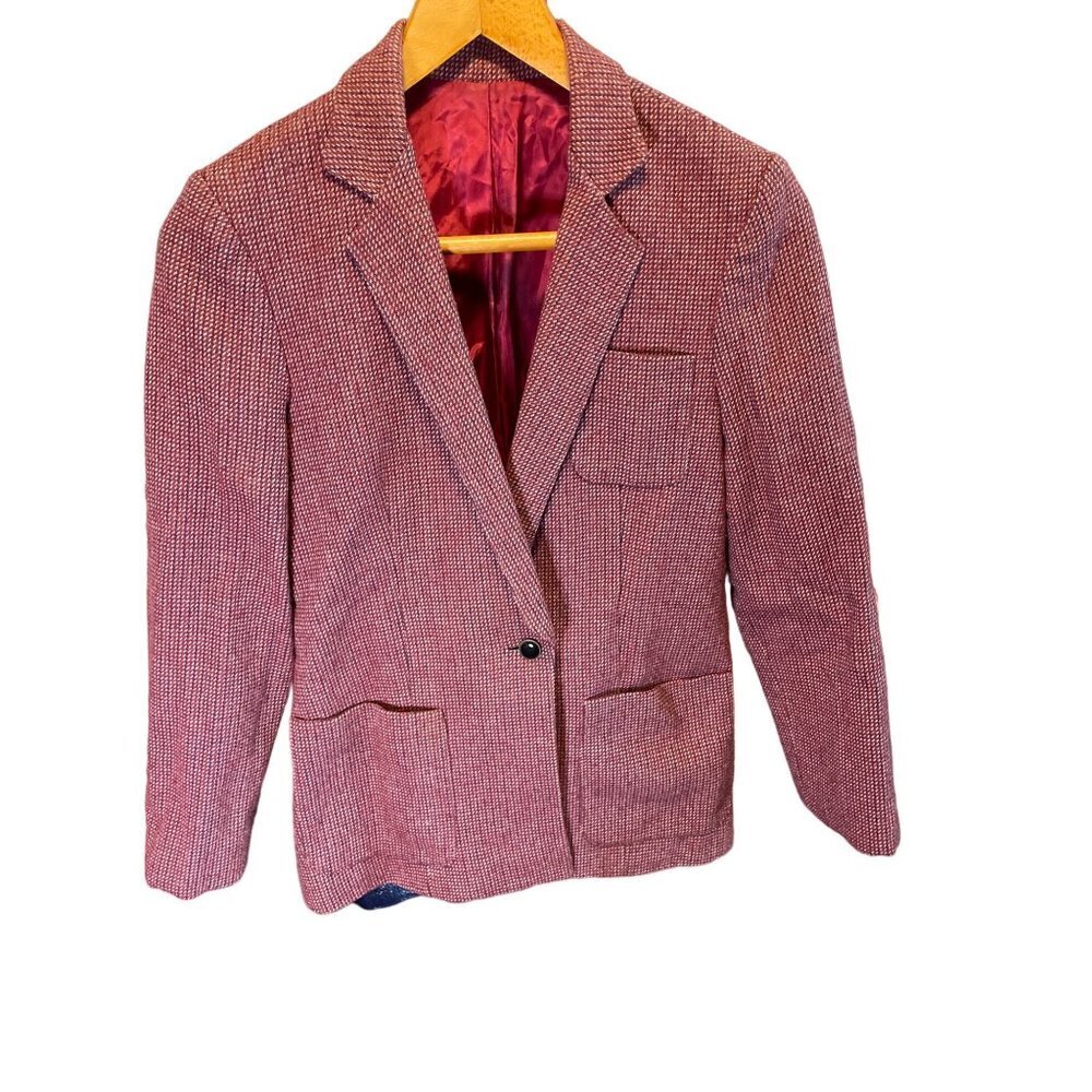 Vintage 80s 90s Red Tweed Wool Blend Single Button Blazer Jacket
